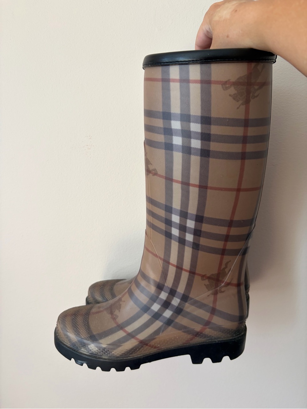 Burberry Beige Nova Check Rain Boots with Black Trim. Size 36